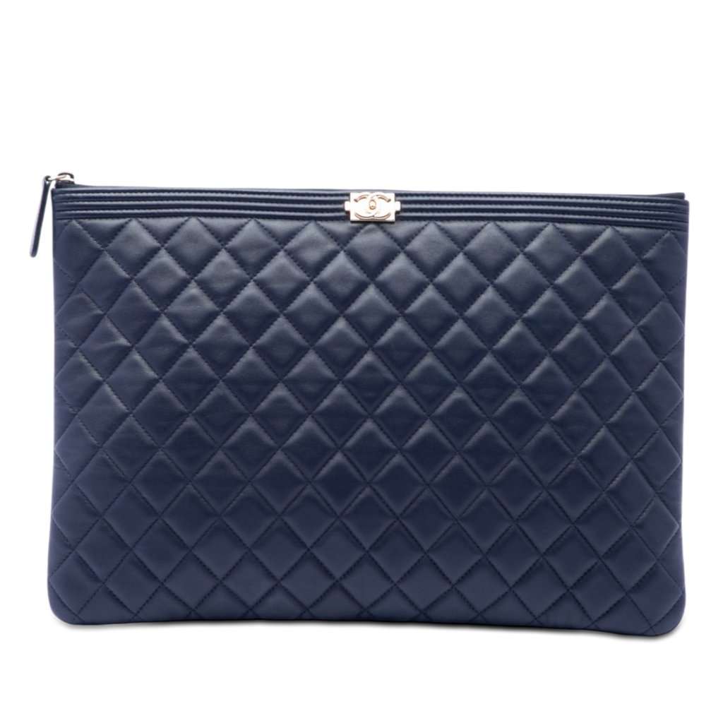 Chanel Large Quilted Lambskin Boy O Case Clutch Blue Leather Very good condition - Front View