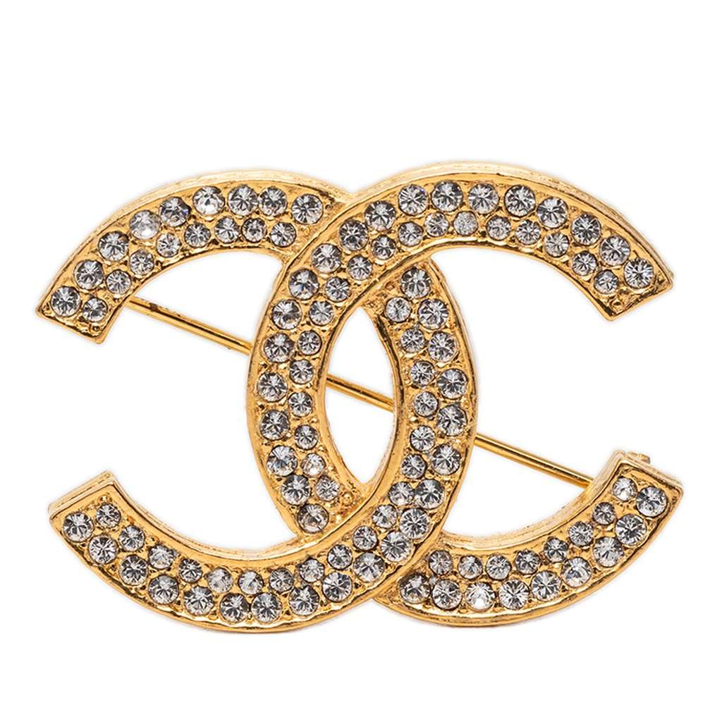 Chanel CC Gold Plated Strass Brooch Gold Metal Very good condition - Front View