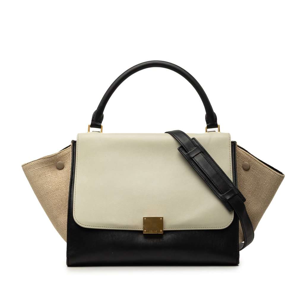Celine Medium Tricolor Calfskin and Canvas Trapeze Satchel Black Leather Very good - Front View