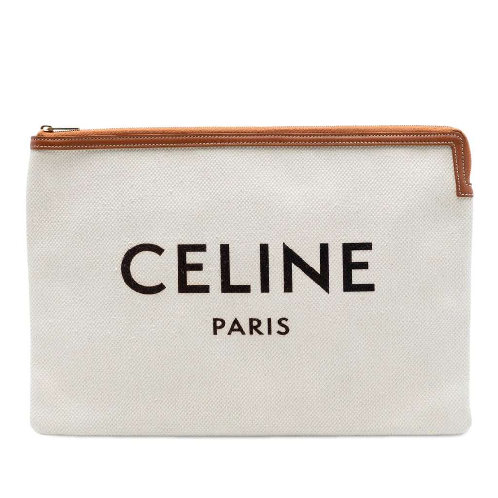 Celine Large Canvas Logo Clutch White Very good - Front View