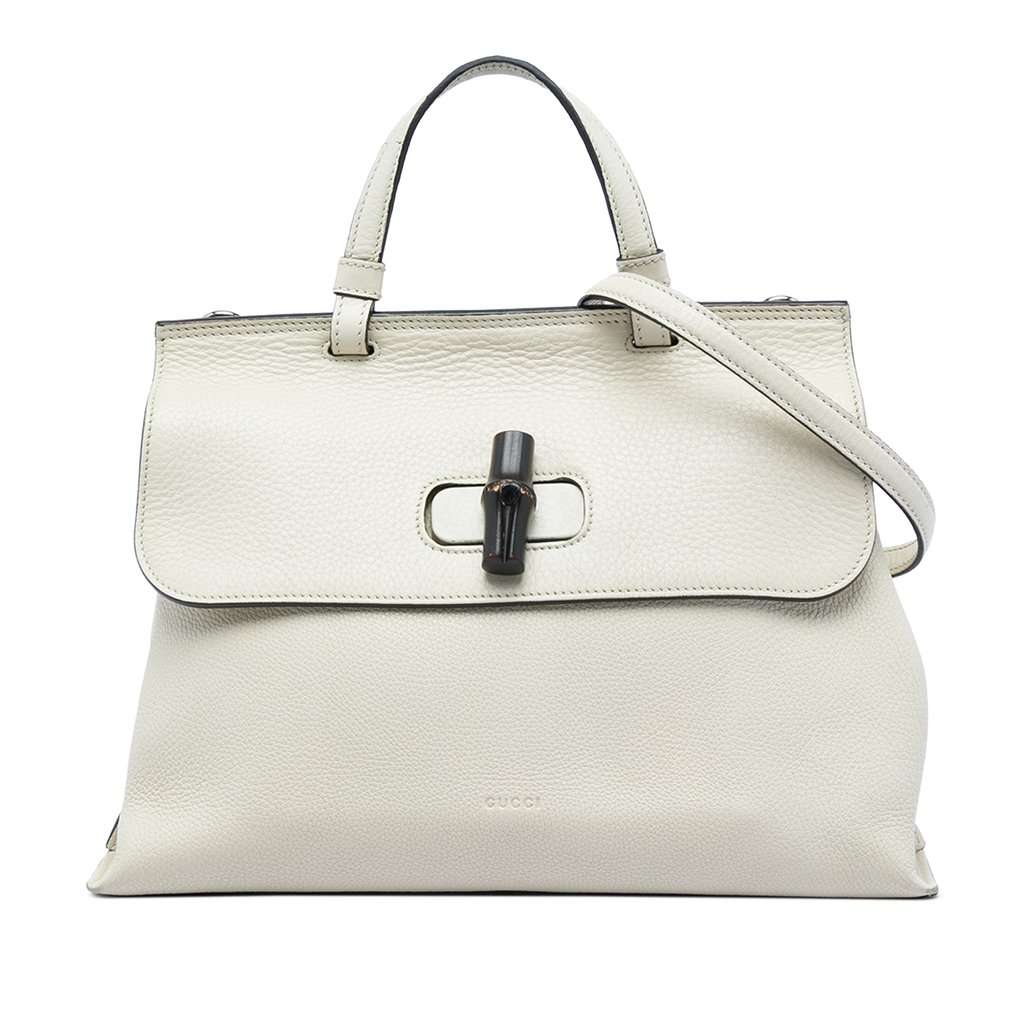 Gucci Medium Calfskin Bamboo Daily Satchel White Leather Very good - Front View
