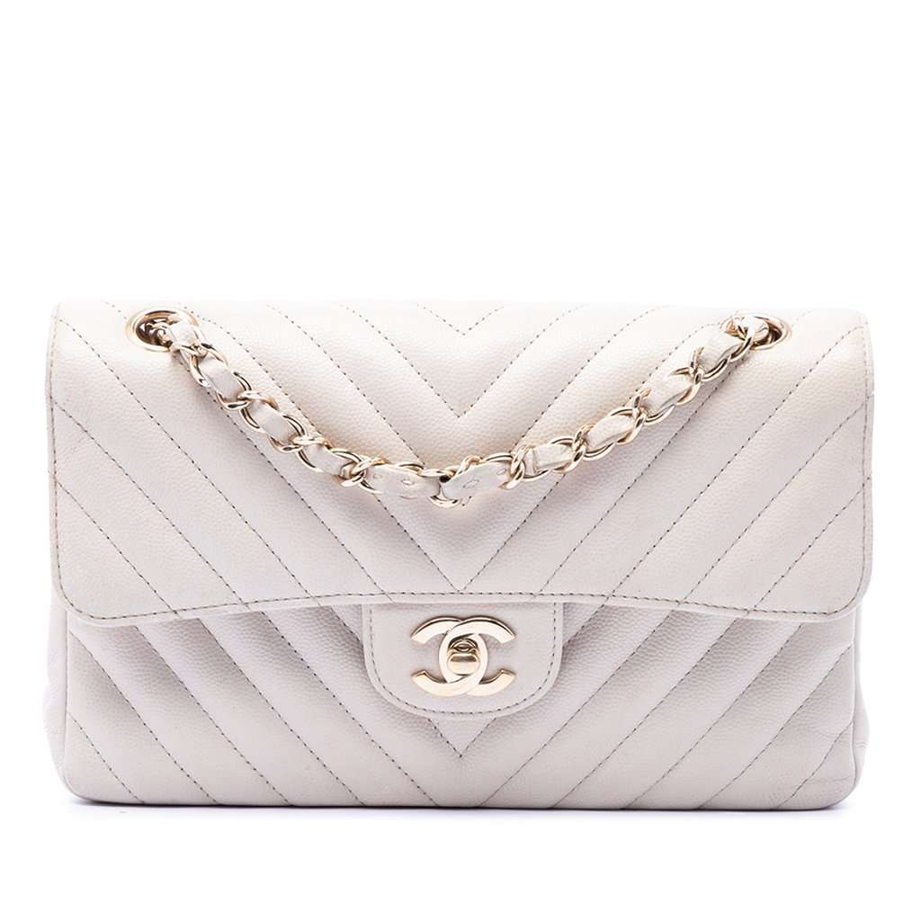 Chanel Small Classic Chevron Caviar Double Flap White Leather Very good - Front View