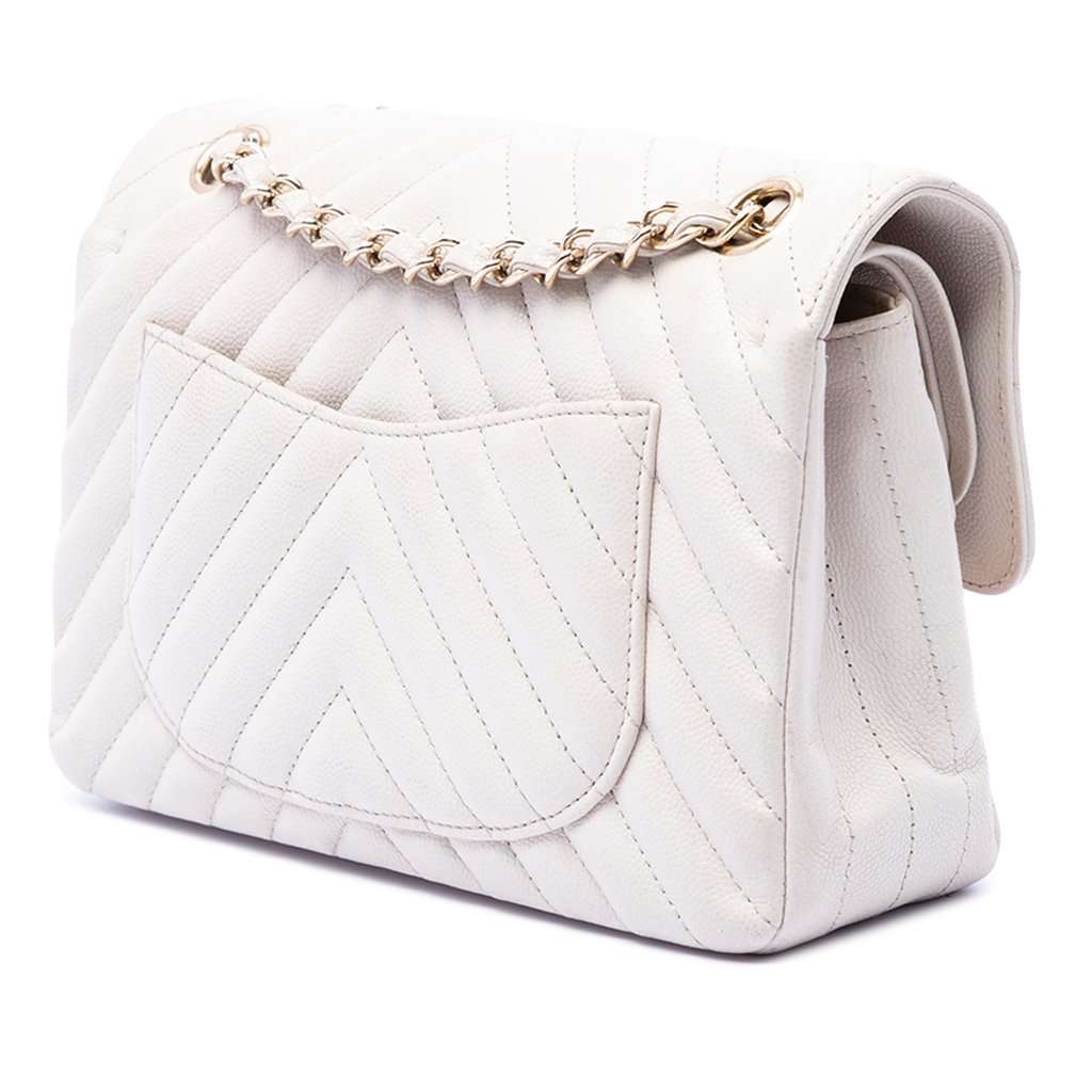 Chanel Small Classic Chevron Caviar Double Flap White Leather Very good - Back View