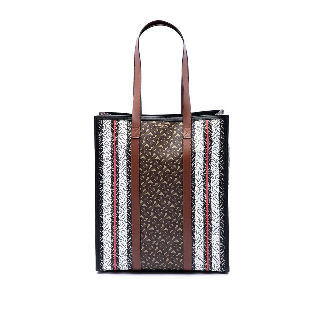 Burberry TB Monogram E-Canvas Stripe Vertical Tote Brown Very good condition - Front View