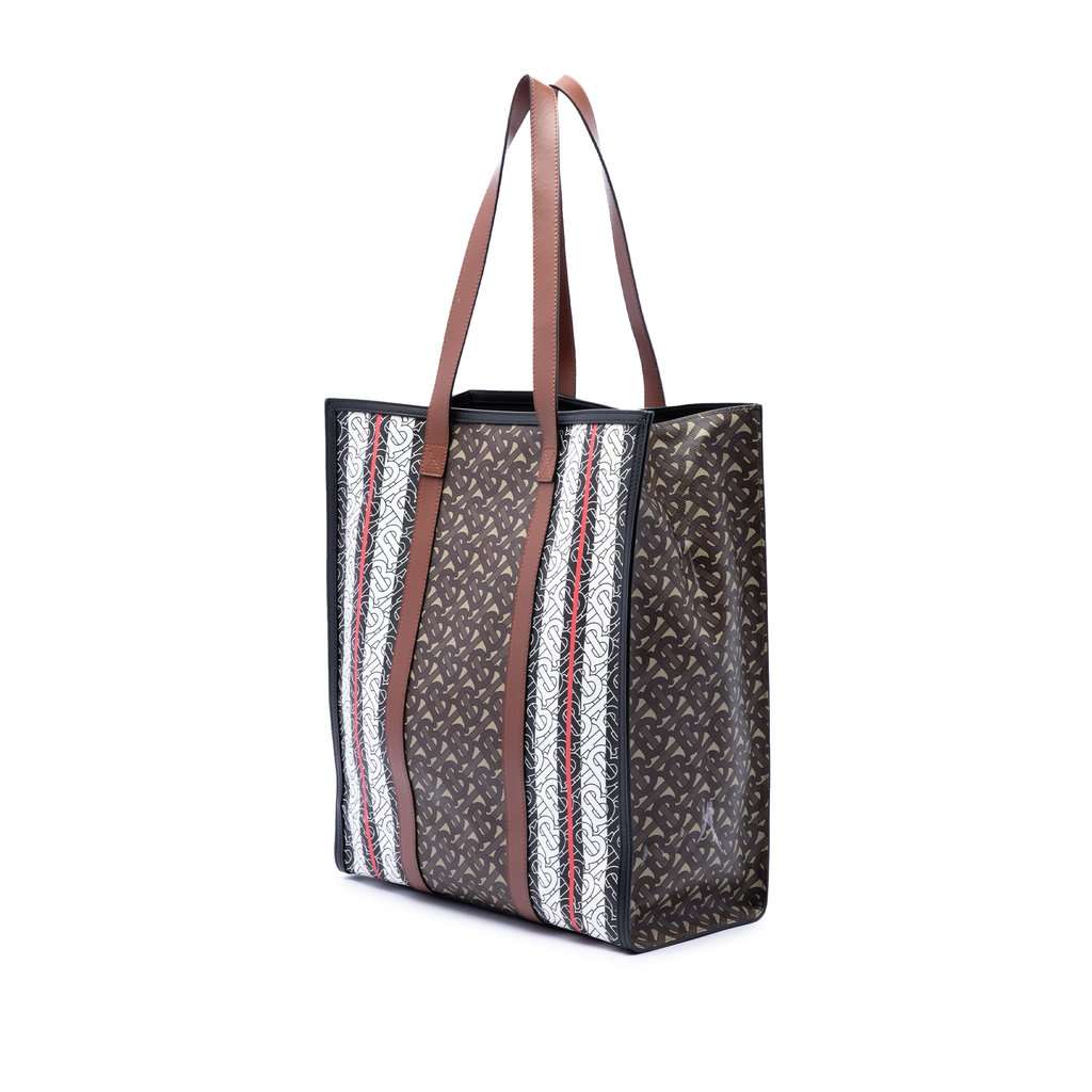 Burberry TB Monogram E-Canvas Stripe Vertical Tote Brown Very good condition - Back View