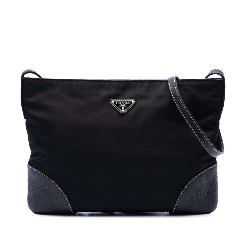 Prada Vitello Daino Trimmed Tessuto Zip Top Crossbody Black Very good - Front View