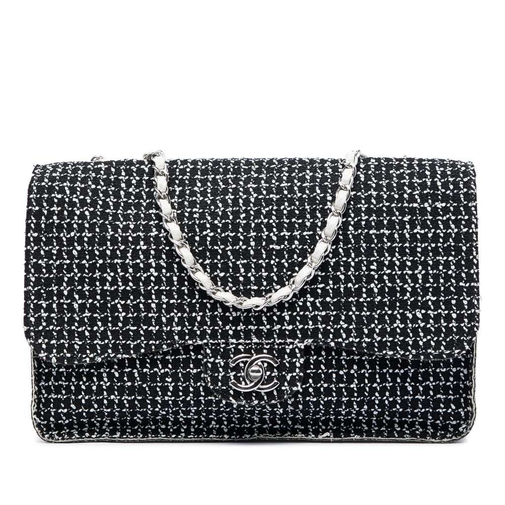 Chanel Jumbo Classic Tweed and Calfskin Single Flap Black Very good condition - Front View