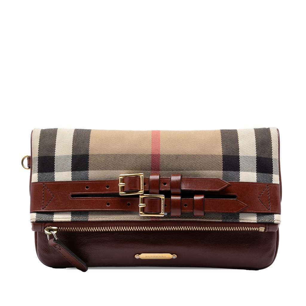 Burberry House Check Canvas and Leather Adeline Fold Over Wristlet Clutch Beige Very good condition - Front View