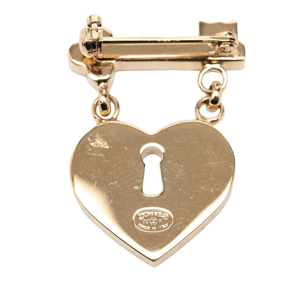 Chanel CC Gold Plated Strass Heart Lock and Key Brooch Gold Metal Very good condition - Inside View