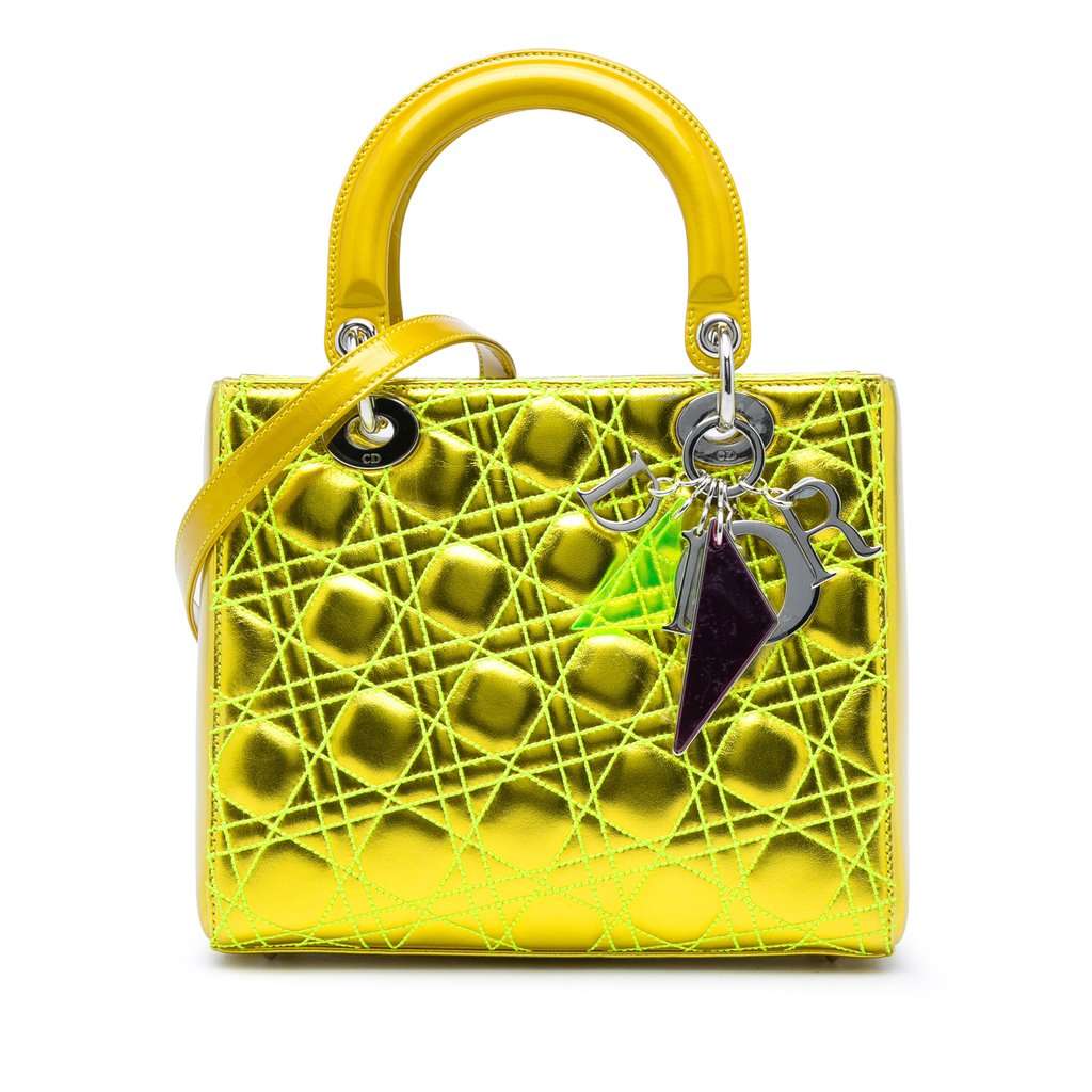 Dior Anselm Reyle Medium Metallic Lambskin Cannage Lady Dior Yellow Leather Very good condition - Front View