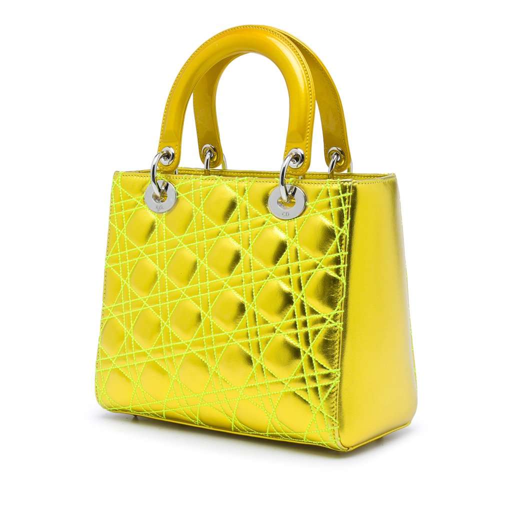 Dior Anselm Reyle Medium Metallic Lambskin Cannage Lady Dior Yellow Leather Very good condition - Back View