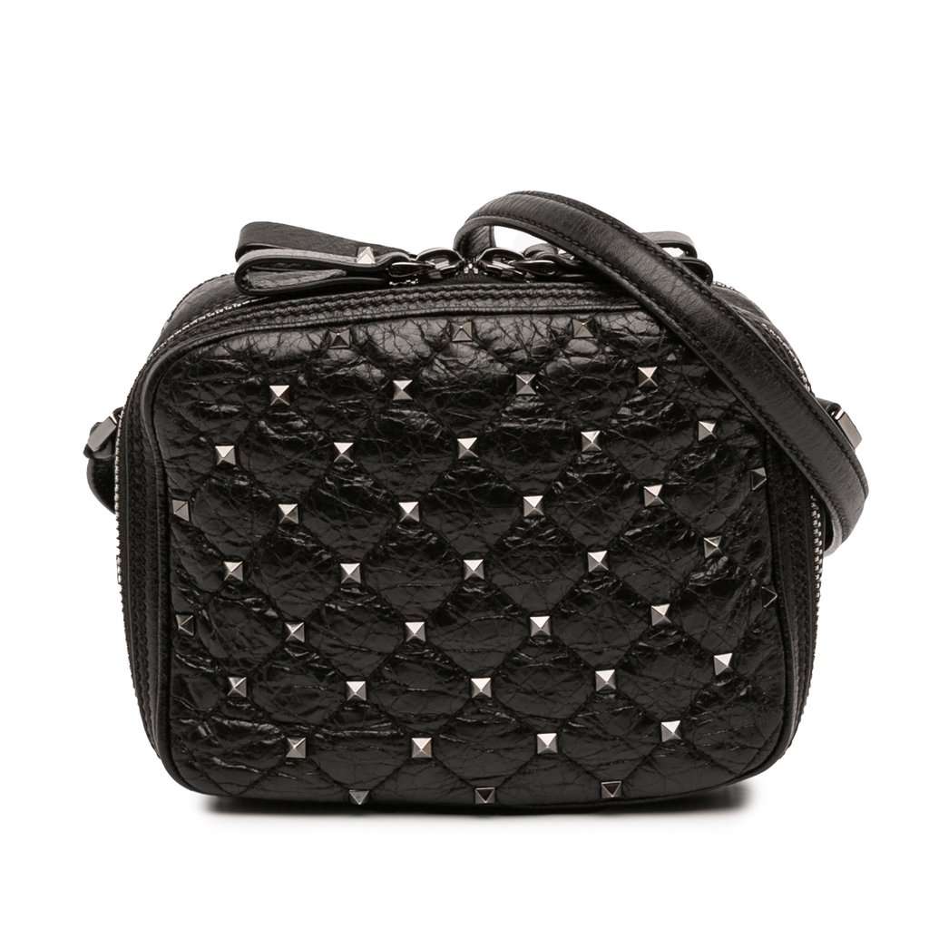 Valentino Quilted Crinkled Leather Rockstud Double Zip Camera Bag Black Leather Very good - Front View