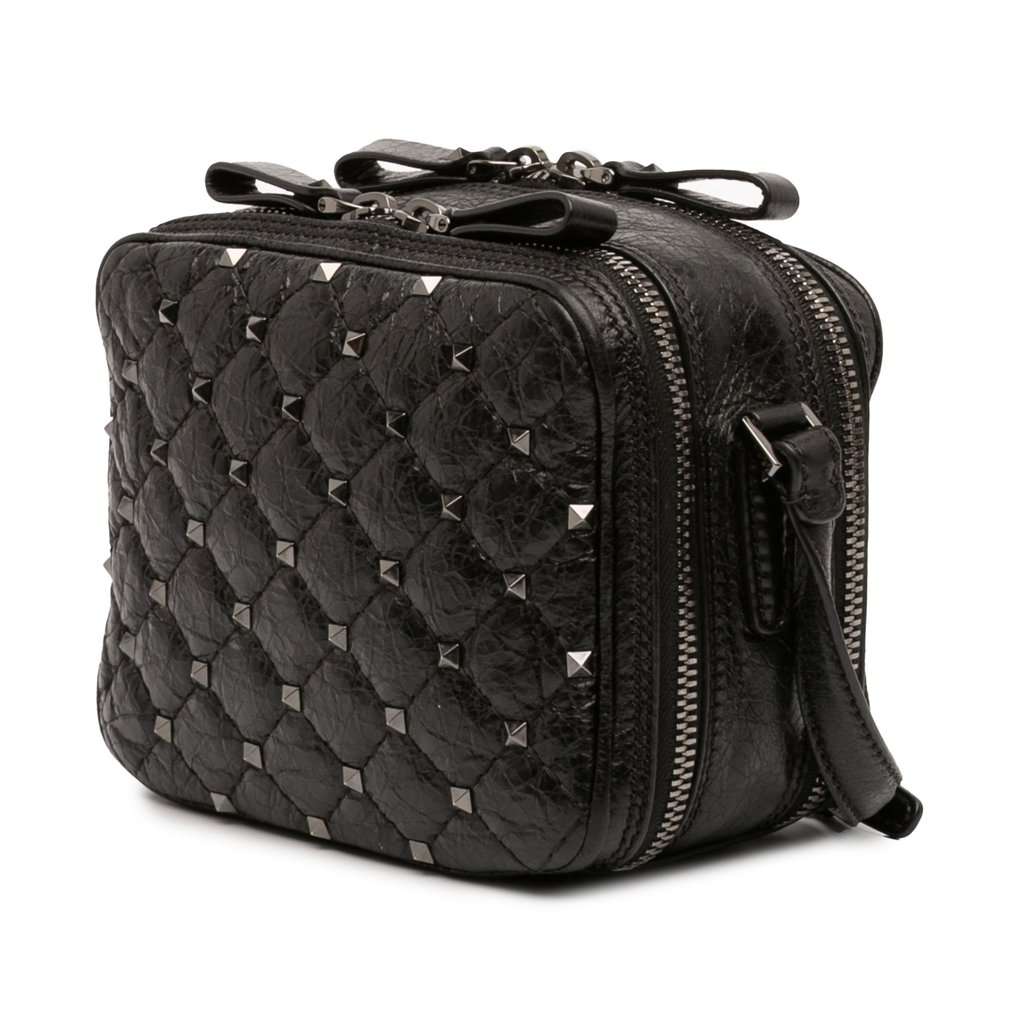 Valentino Quilted Crinkled Leather Rockstud Double Zip Camera Bag Black Leather Very good - Back View