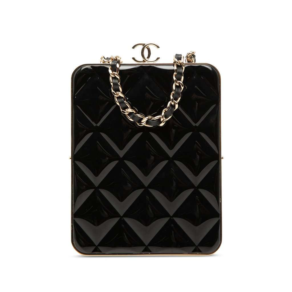 Chanel CC Quilted Acrylic and Lambskin Evening Clutch With Chain Black Leather Very good condition - Front View