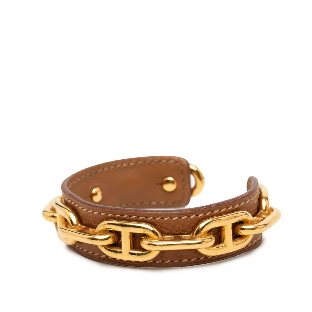 Hermès Leather and Gold Plated Chaine d Ancre Cuff Bracelet Brown Leather Very good - Back View