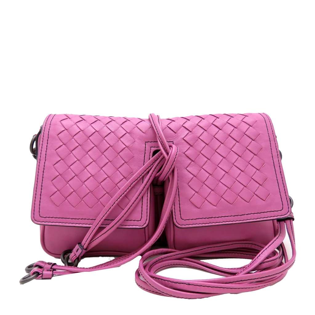 Bottega Veneta Nappa Intrecciato Double Pocket Flap Crossbody Pink Leather Very good condition - Front View