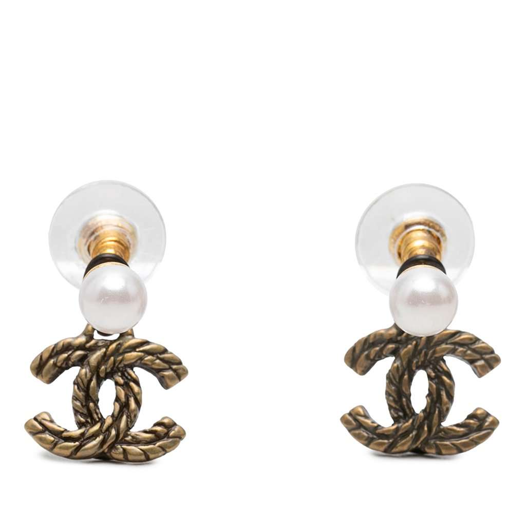 Chanel CC Gold Plated Faux Pearl Rope Drop Push Back Earrings Gold Metal Very good condition - Front View