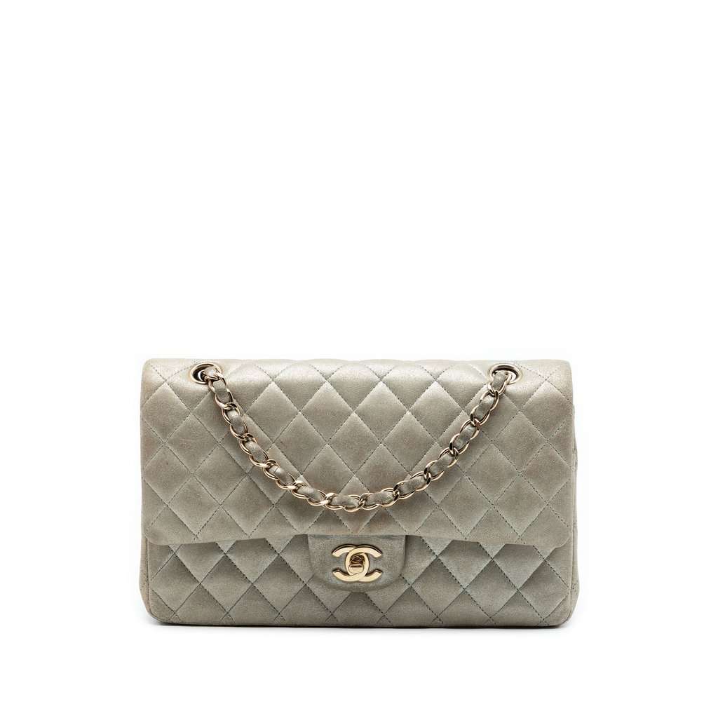 Chanel Medium Classic Iridescent Lambskin Double Flap Silver Leather Very good condition - Front View