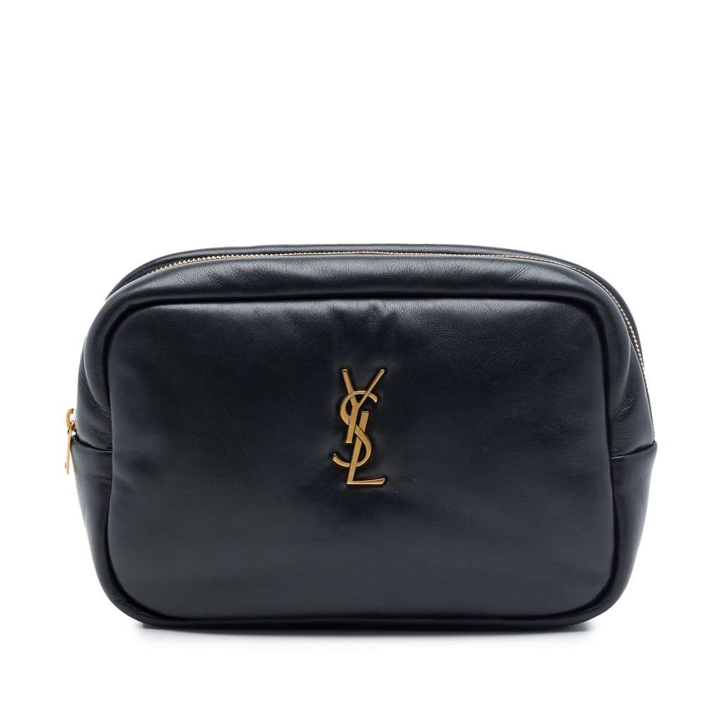 Saint Laurent Small Padded Lambskin Monogram Calypso Cosmetic Pouch Black Leather Very good - Front View