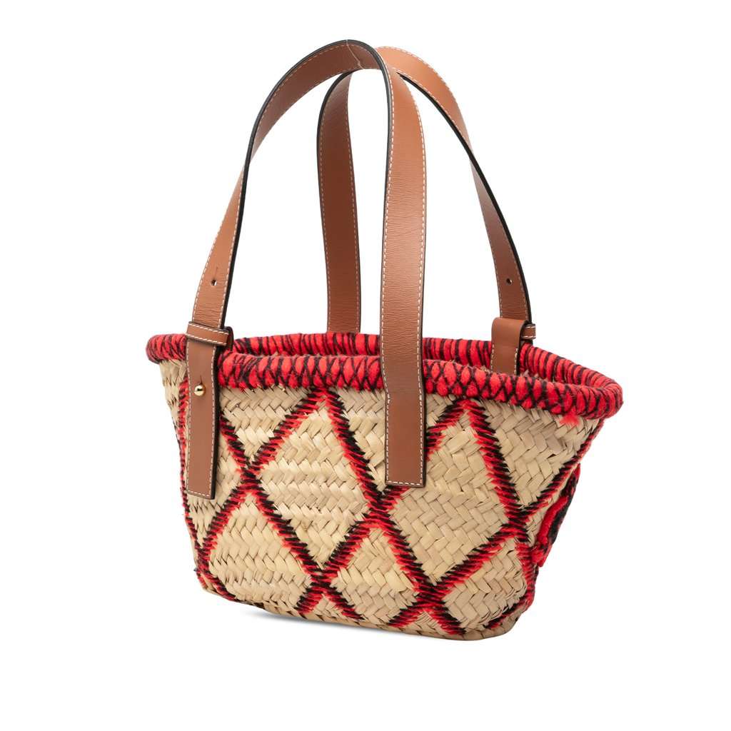 LOEWE Small Raffia Animal Embroidered Anagram Basket Tote Beige Very good - Back View