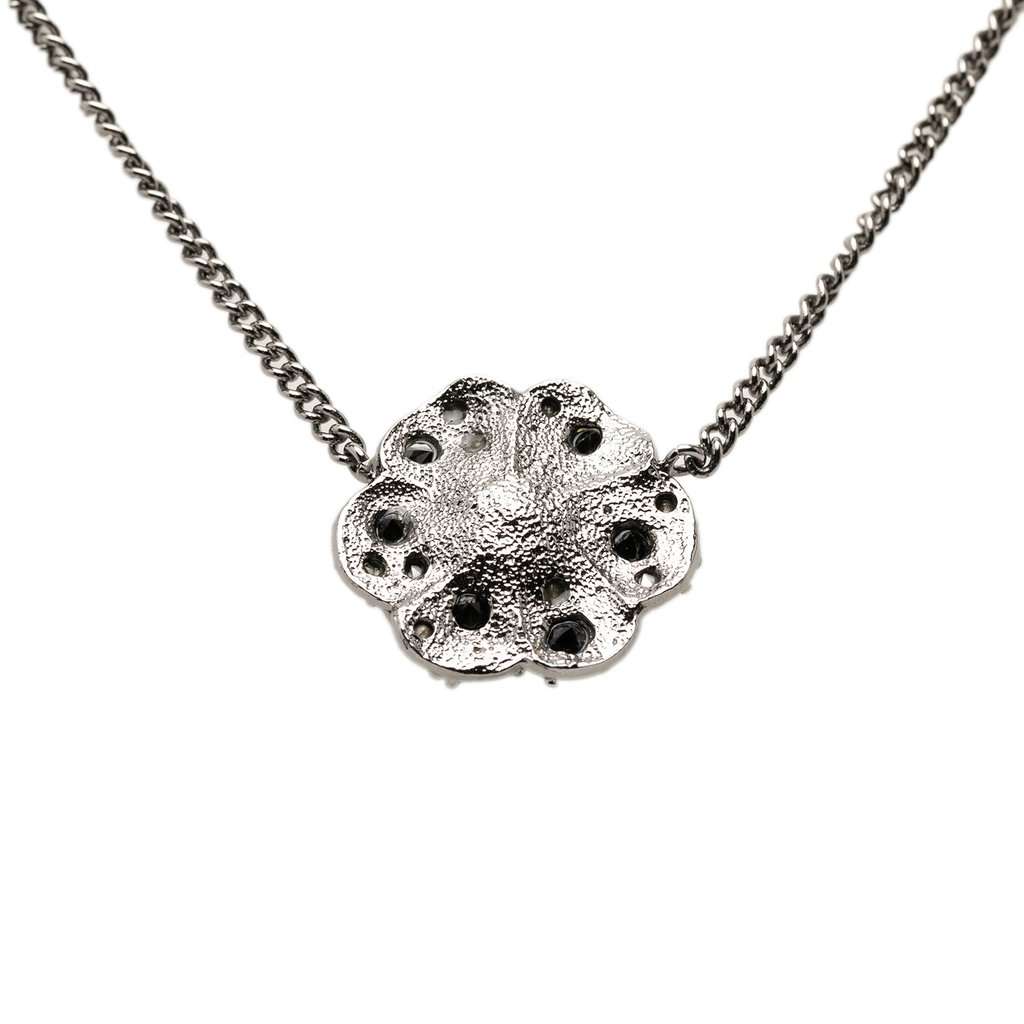 Chanel CC Brass Strass Camellia Pendant Necklace Silver Metal Very good condition - Inside View