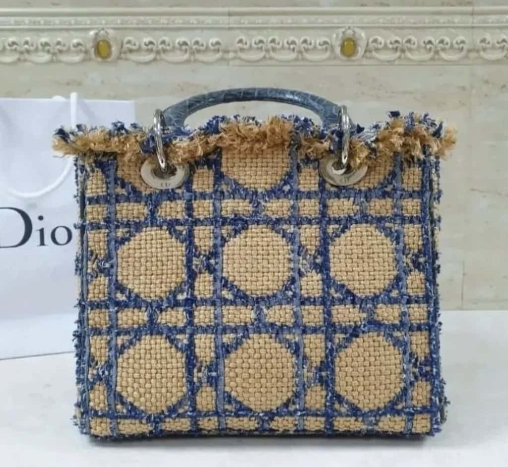 Dior Dior Lady Dior Medium Tweed  Crocodile  Print Lambskin  Handle Bag Pre-Owned MultiColor Tweed Good condition - Back View