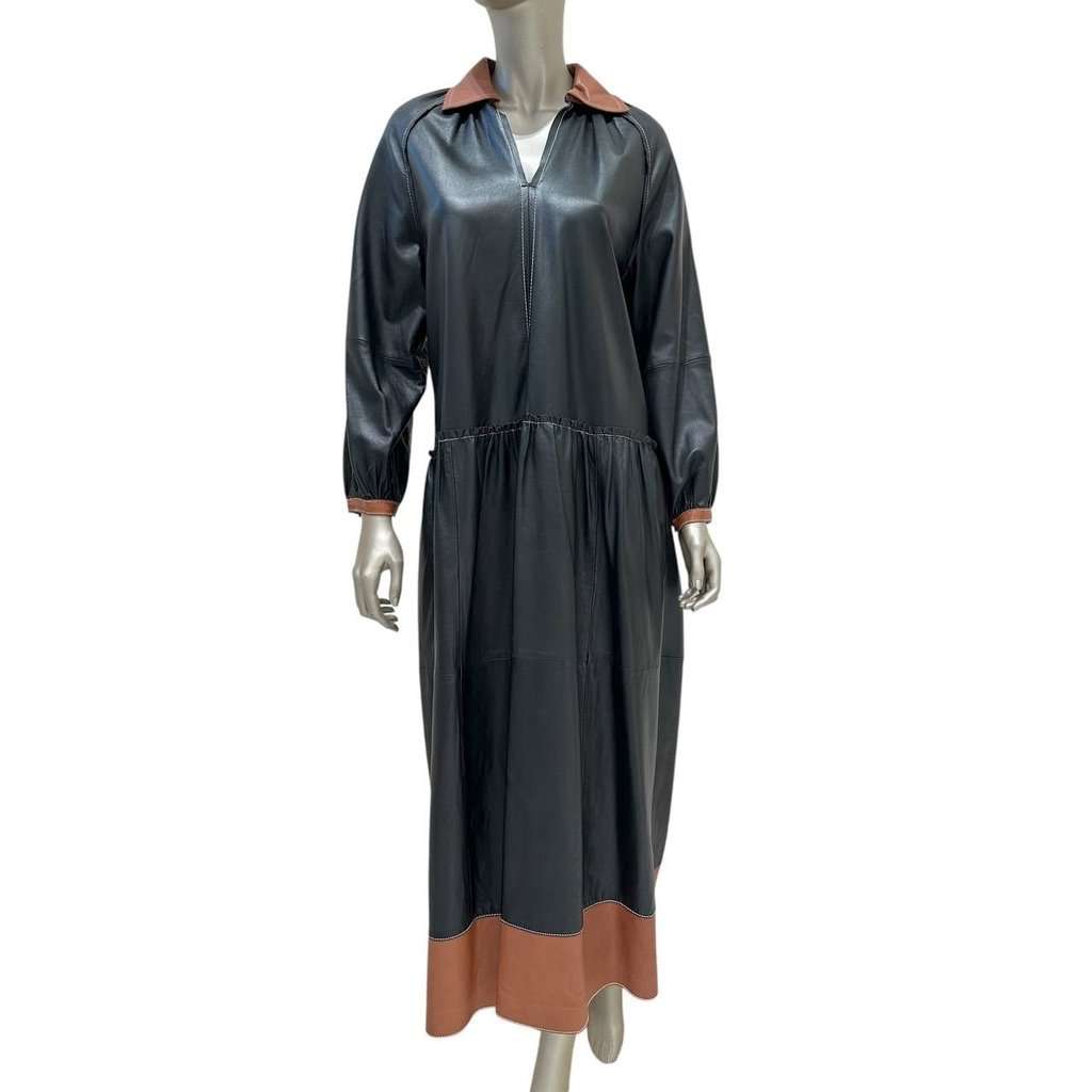 Unsigned Chic Stand Studio Gilda Two-Tone Leather Dress Sz 36 Pre-owned Navy Leather Good condition - Front View