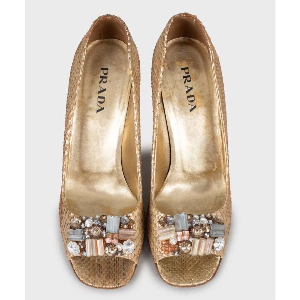 Prada Prada Gold Snakeskin Print Lambskin Wedge Sandals Sz. 39 pre-owned Gold Leather Good condition - Inside View