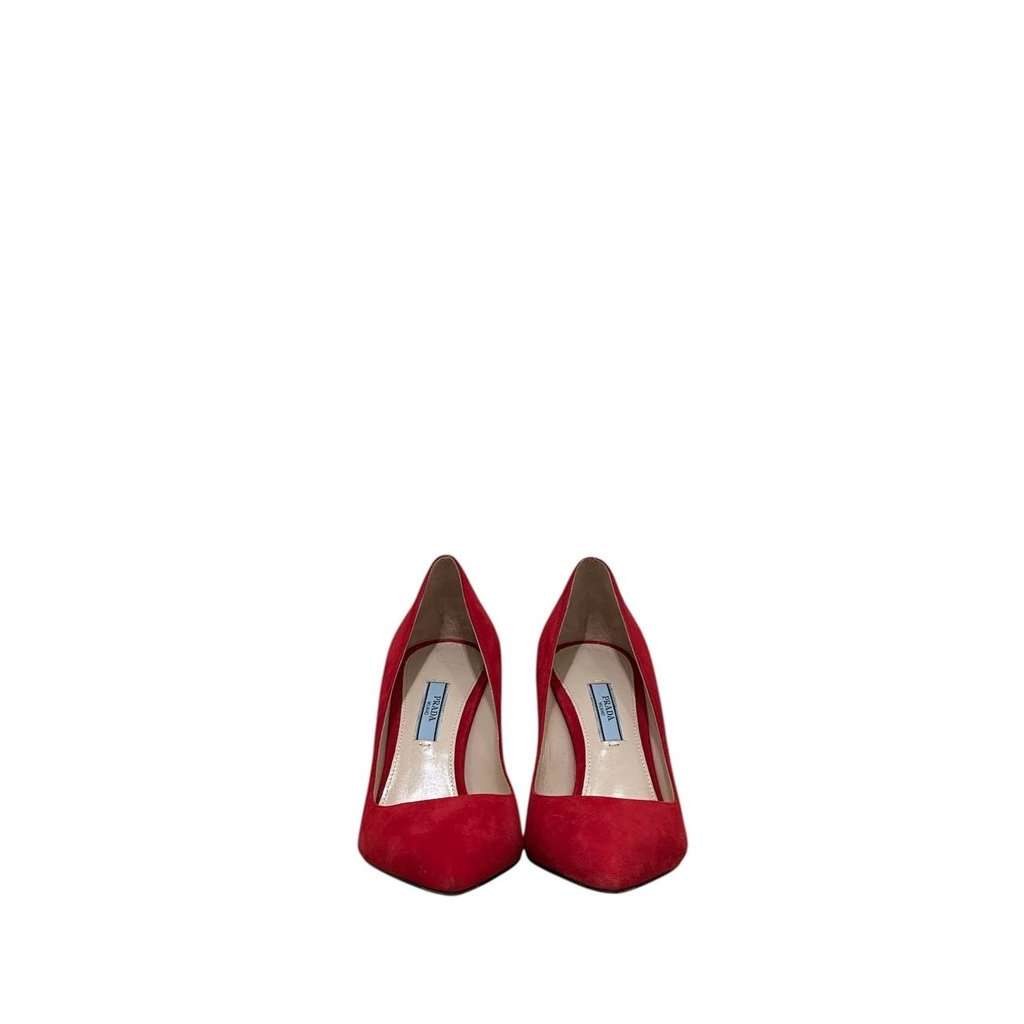 PRADA NWOB Prada Red Suede Pointed Toe Pumps  Sz.37.5 Pre-owned Red Suede Never worn - Back View