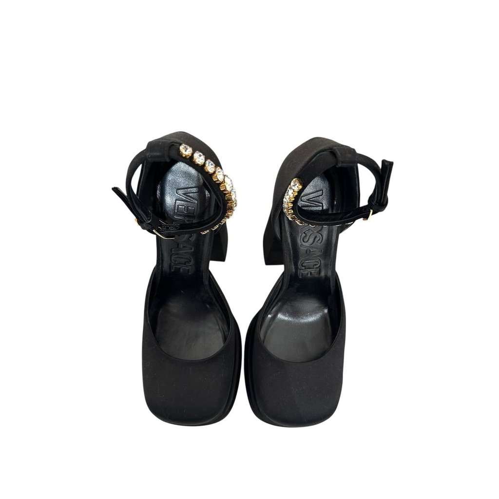 Versace Versace La Medusa Crystal Satin Block Heel Pumps Sz 38 pre-owned Black Satin Good condition - Box View