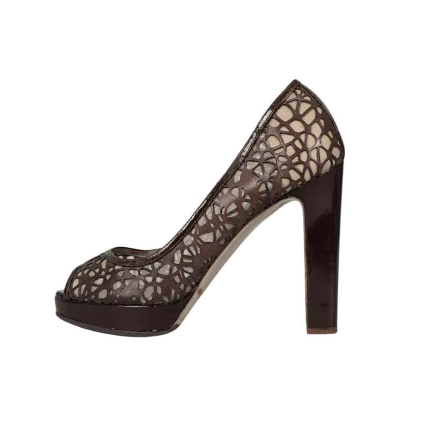 Valentino Valentino Perforated Leather Open-Toe Pumps - Brown, Sz 36.5 pre-owned Brown Leather Good condition - Front View