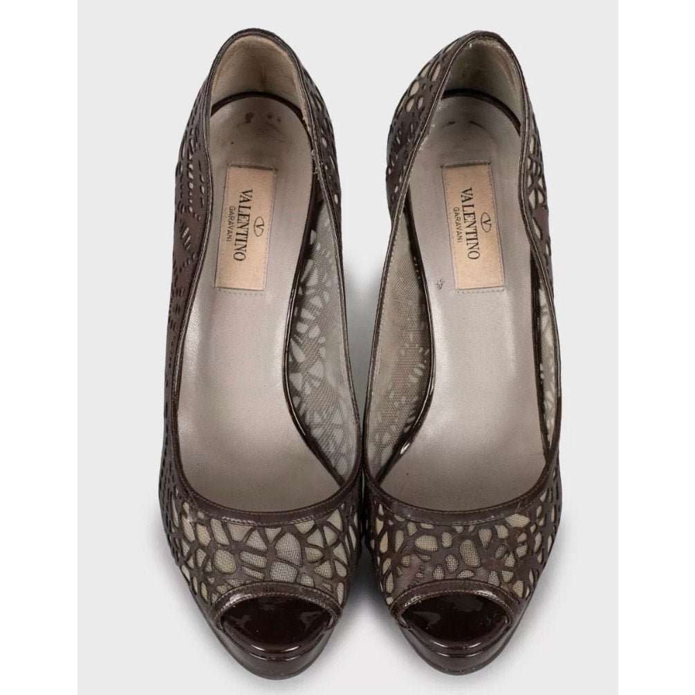 Valentino Valentino Perforated Leather Open-Toe Pumps - Brown, Sz 36.5 pre-owned Brown Leather Good condition - Back View