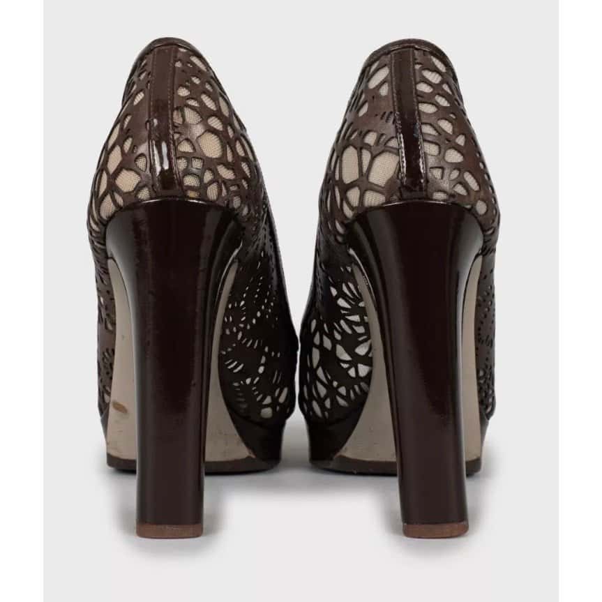 Valentino Valentino Perforated Leather Open-Toe Pumps - Brown, Sz 36.5 pre-owned Brown Leather Good condition - Model View