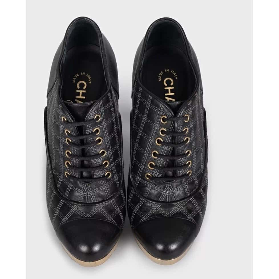 Chanel Chanel Black Leather Checkered Embroidery Ankle Boots Sz 37.5 pre-owned Black Leather Good condition - Back View