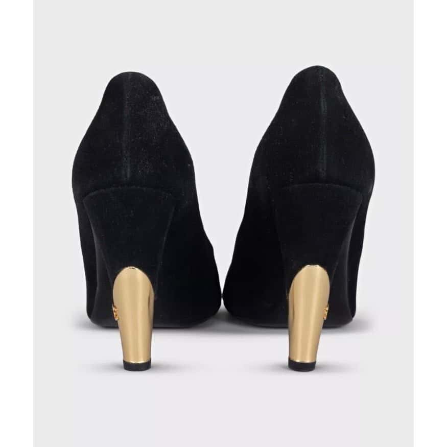 Chanel Chanel Black Suede Gold Accent Open Toe Pumps Sz 40 Pre-owned Black Suede Good condition - Model View