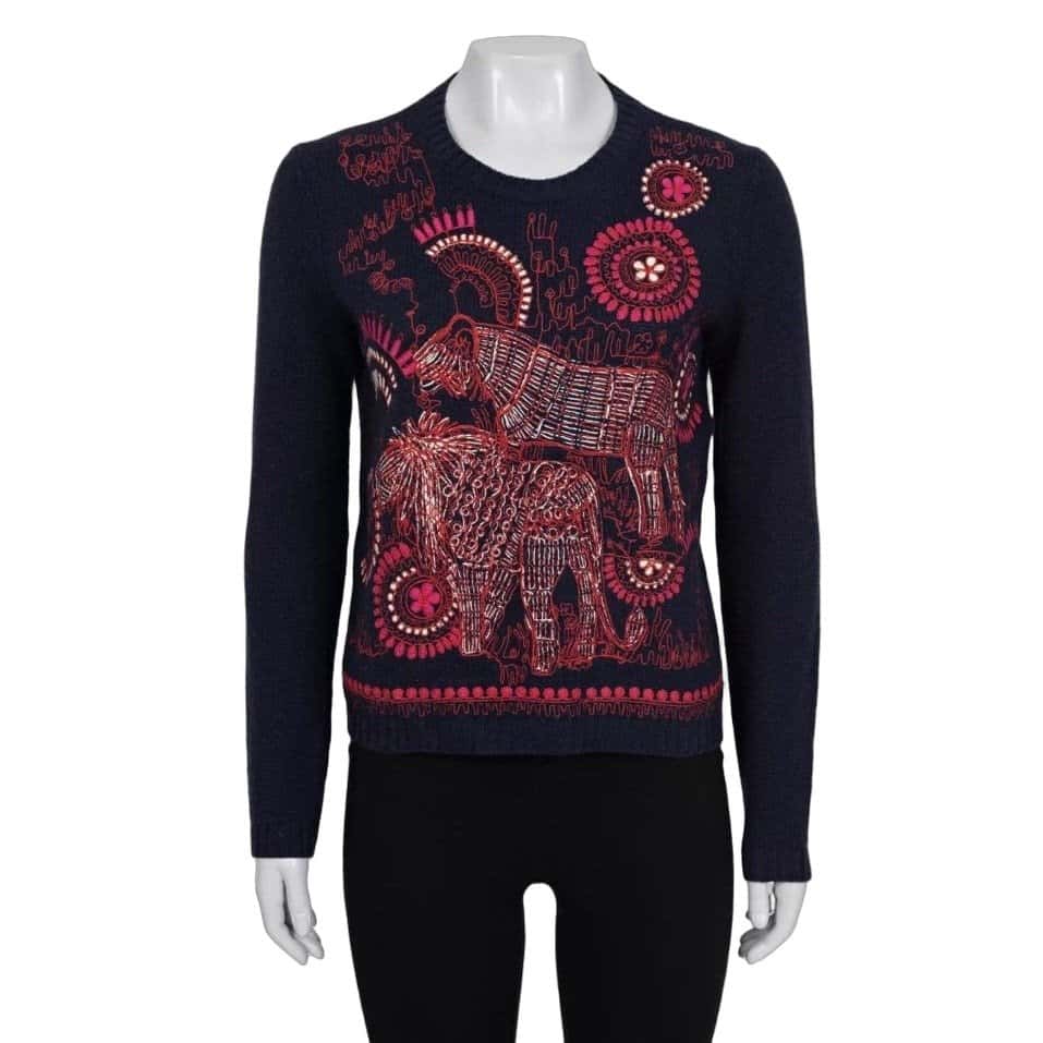 Christian Dior Christian Dior Blue Cashmere Embroidered Jumper 38/M pre-owned Red Wool Good condition - Front View