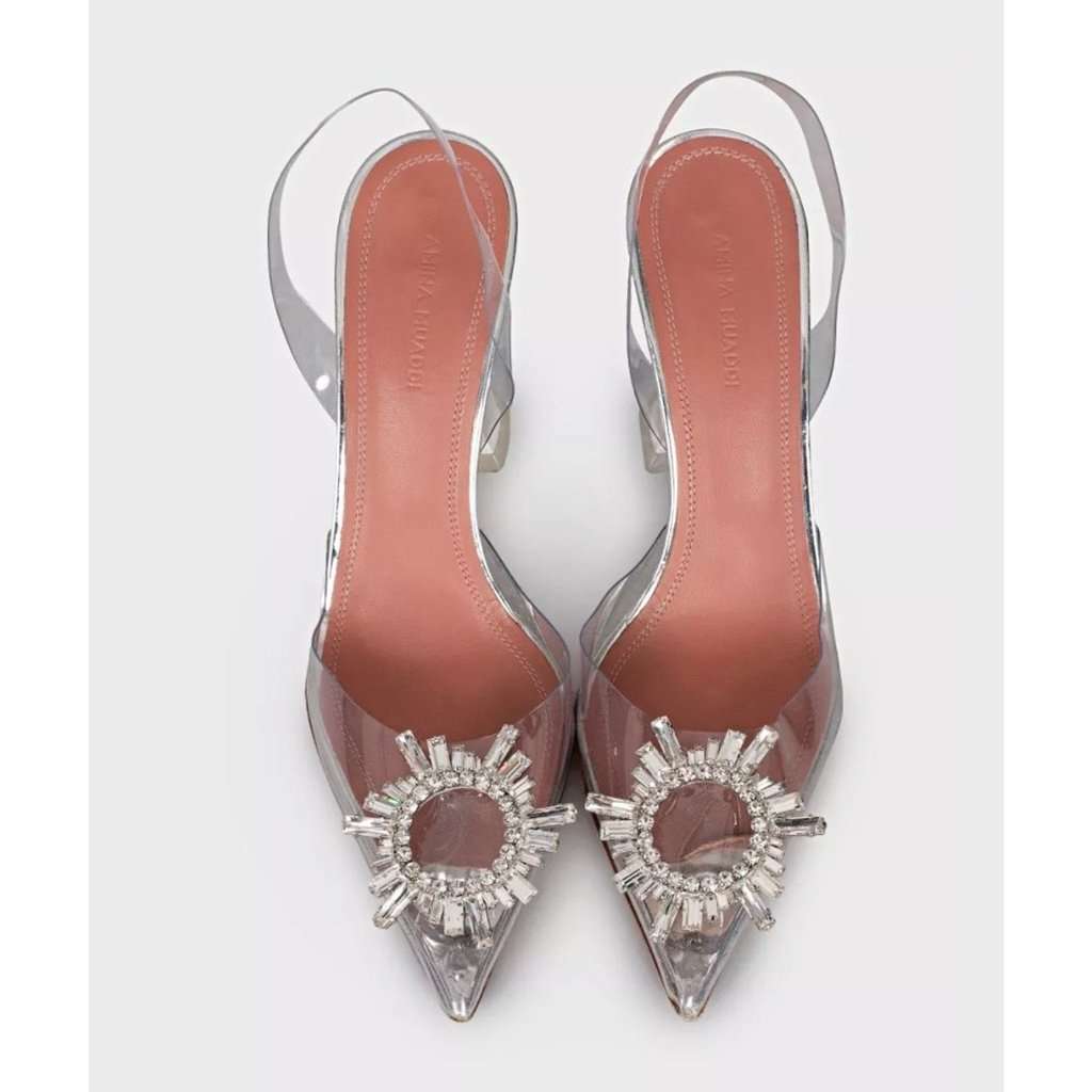 Amina Muaddi Amina Muaddi Begum Clear Slingbacks - Size 38 Pre-owned Silver Leather Good condition - Back View