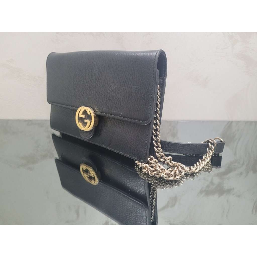 Gucci Gucci Interlocking G Black Leather Wallet on Chain Pre-owned Black Leather Good - Back View