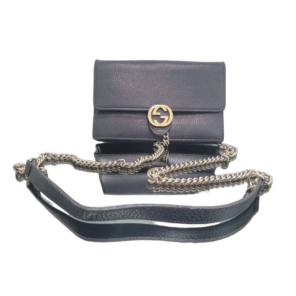 Gucci Gucci Interlocking G Black Leather Wallet on Chain Pre-owned Black Leather Good - Front View