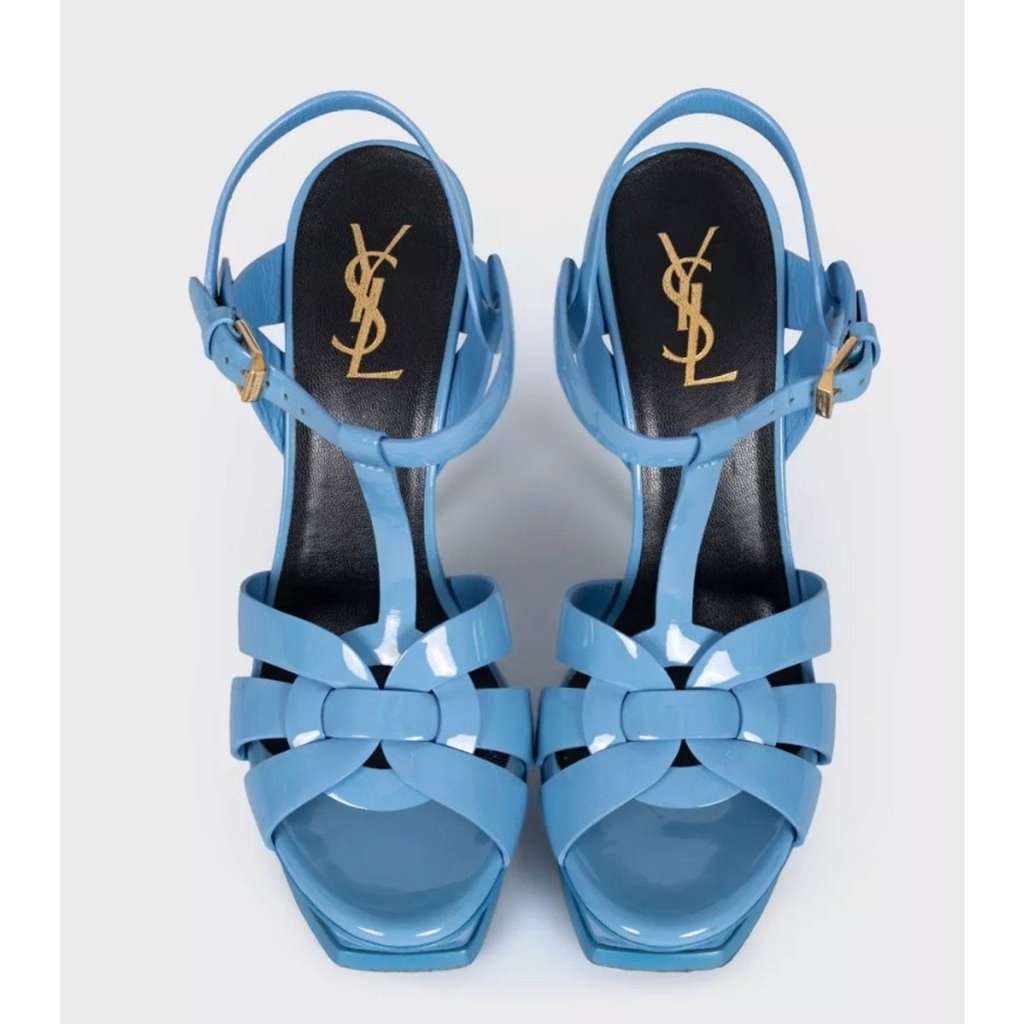 Saint Laurent Saint Laurent Tribute Blue Leather Platform Sandals Sz.38 Blue Leather Good - Back View