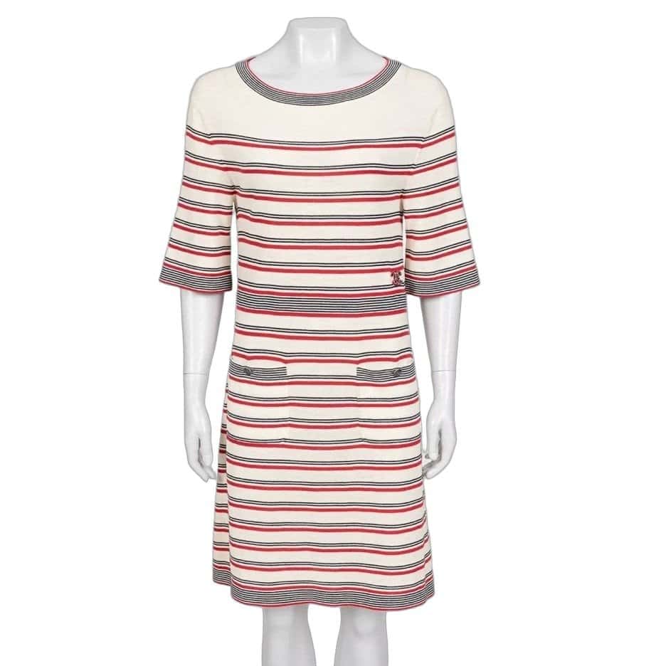 Chanel Chanel Beige Striped Print Dress - Size FR36/S pre-owned Beige Wool Good condition - Front View