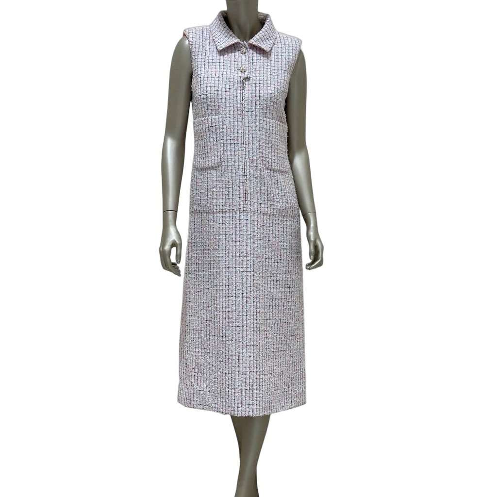 Chanel CHANEL Light Pink & White Fantasy Tweed Dress Sz.38 pre-owned White Tweed Good condition - Front View