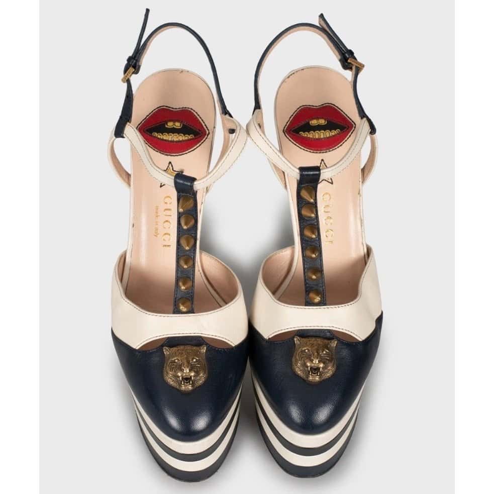 Gucci Gucci Blue Leather Block Heels with Gold Studs, Size 36 pre-owned Blue Leather Good condition - Back View