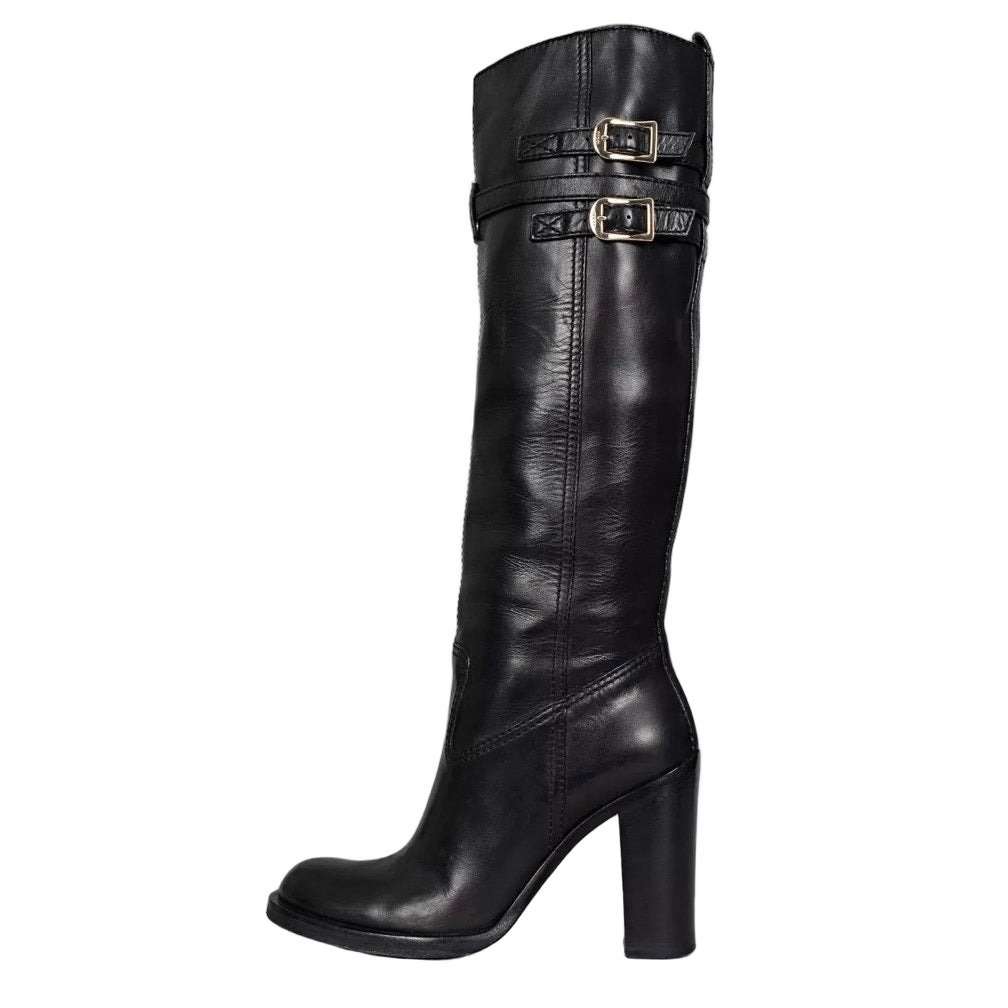 Gucci Gucci Black Leather Round Toe Stacked Heel Boots Sz.39.5 Pre-owned Black Leather Good - Front View