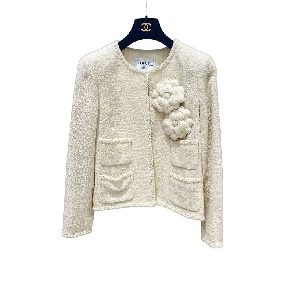 Chanel Chanel Camellia Cream Tweed Jacket Sz.38 pre-owned Camel Tweed Good - Front View