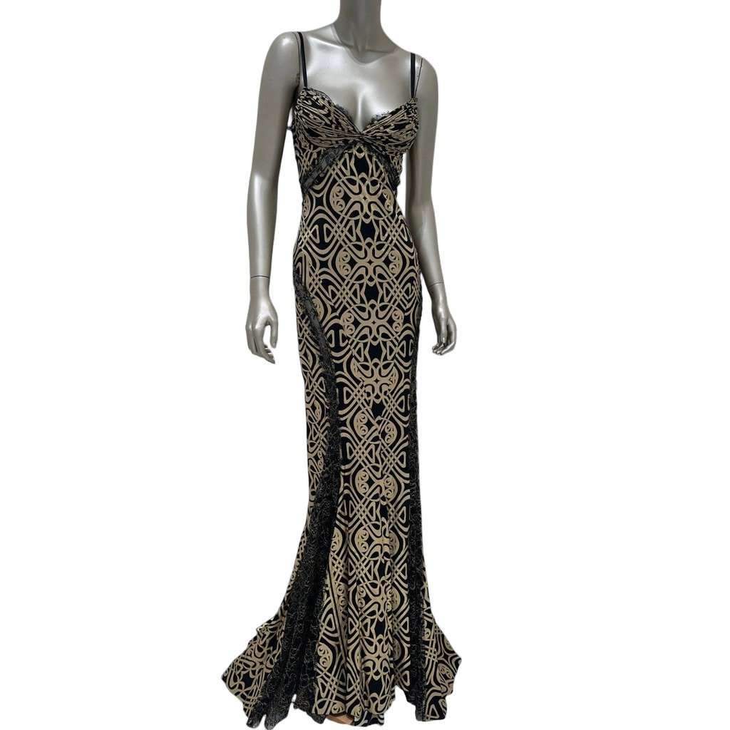 Roberto Cavalli Roberto Cavalli Black & Gold Print Silk Maxi Dress Sz 38 Pre-owned Black Silk Good - Front View