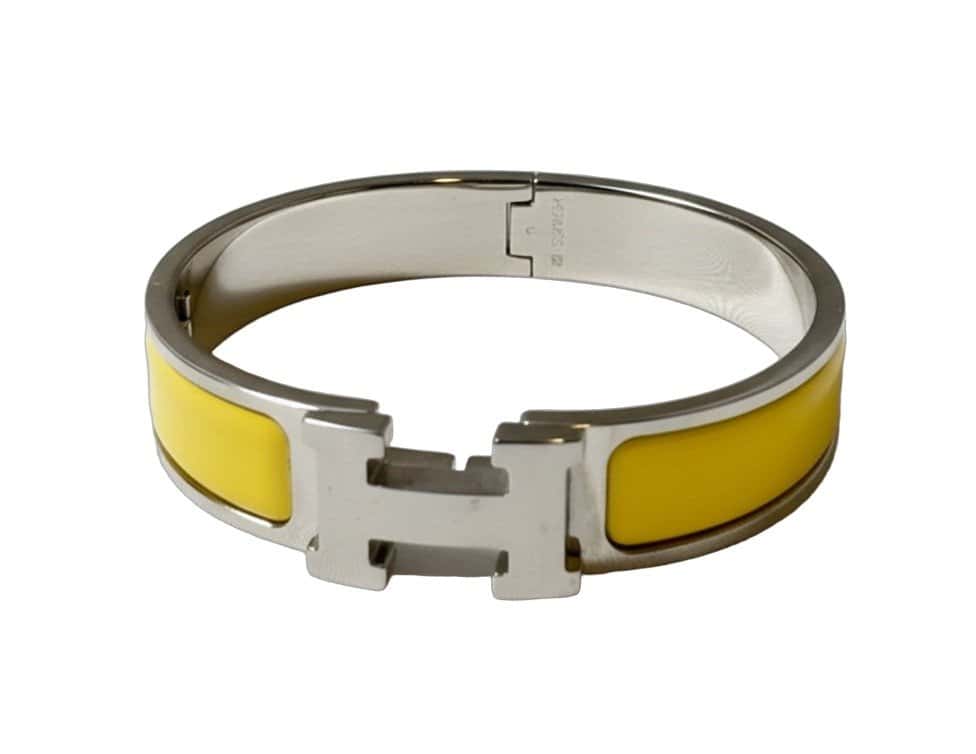 Hermès Clic Clac H Yellow Enamel Palladium Plated Narrow Bracelet PM Yellow Good - Front View