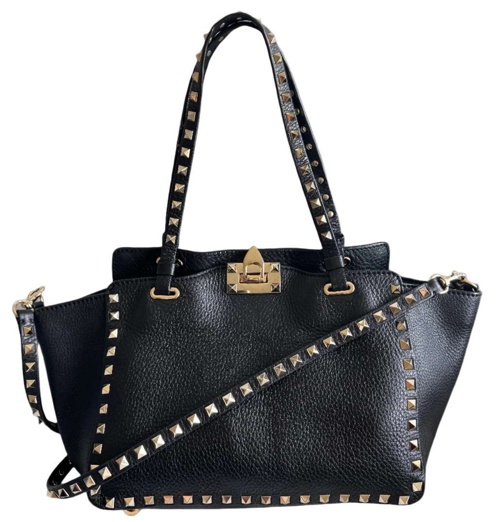Valentino Black Leather Rockstud Two Way Bag Black Leather Good - Front View