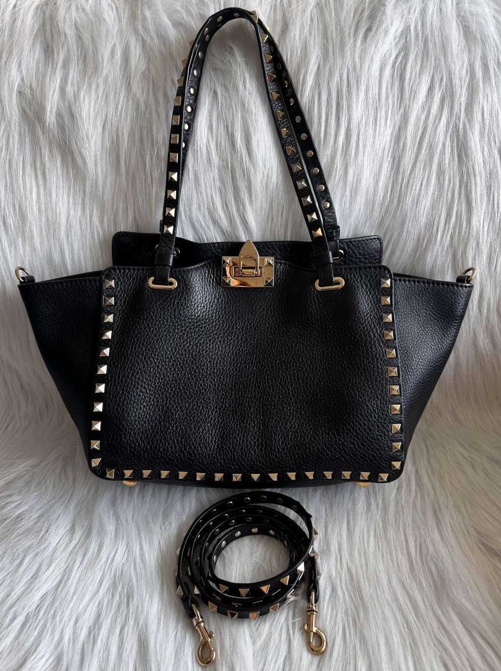 Valentino Black Leather Rockstud Two Way Bag Black Leather Good - Model View