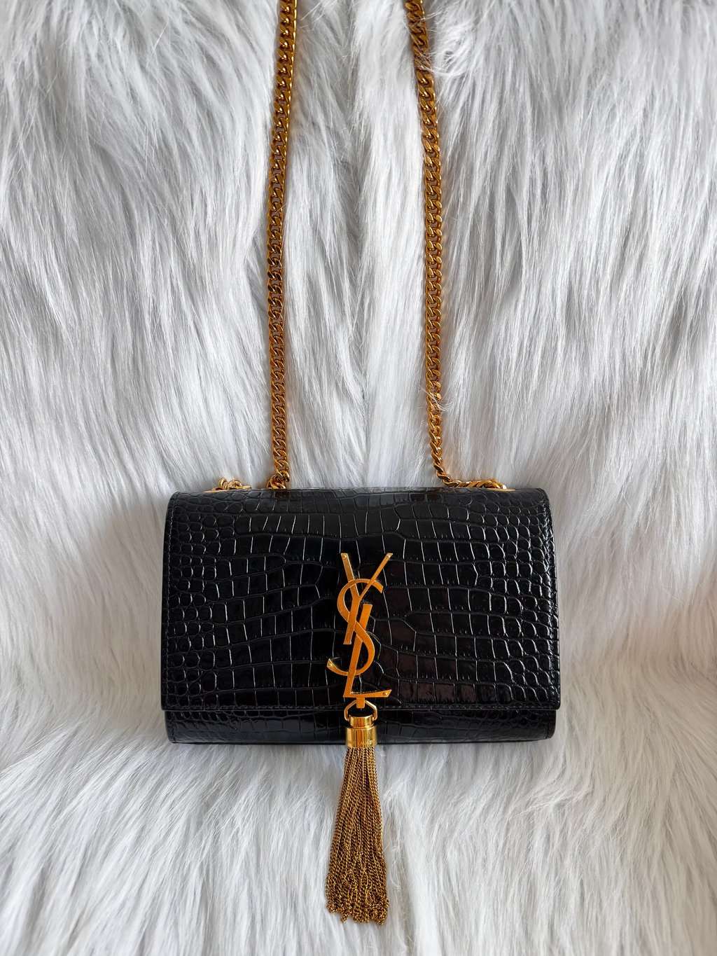 Saint Laurent Kate Small Tassel Croc Embossed Leather Black Shoulder Bag Black Leather Good - Back View